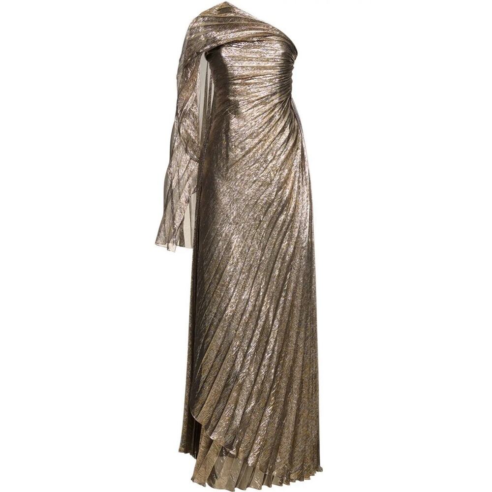 Oscar De La Renta One Shoulder Gown Draped Silk Lame Pleated Maxi Dress Formal - Picture 3 of 15